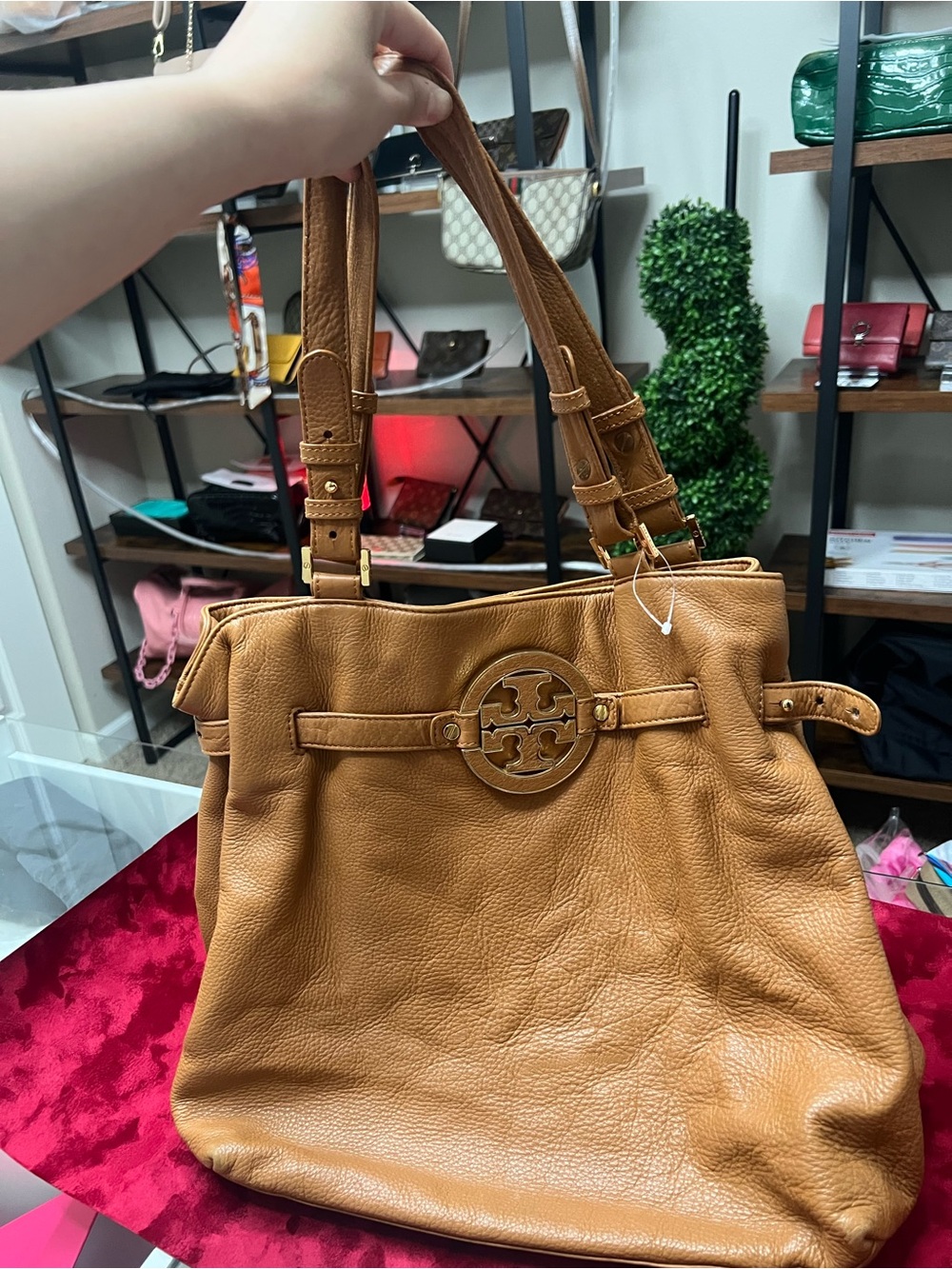 Tory Burch Cognac Pebbled Leather Tote with Logo Medallion
